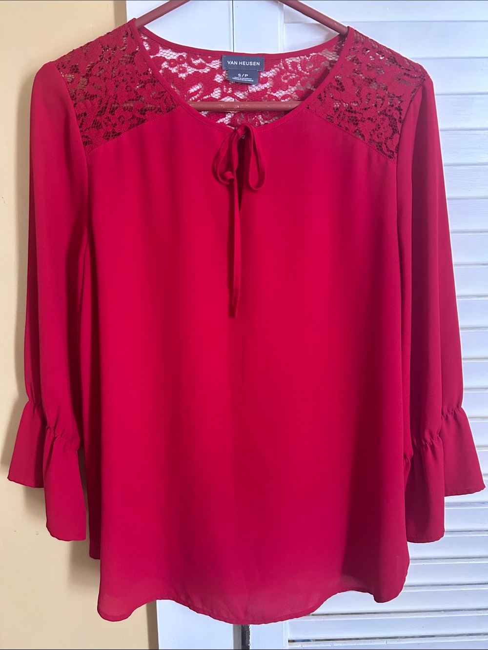 Van Heusen Women's Fuchsia Lace-Yoke Tie-Neck Blouse